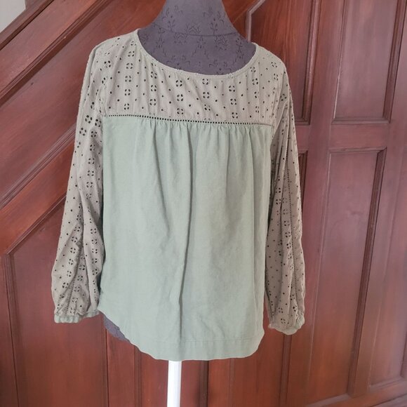 J.Crew Mercantile Eyelet-Detail Blouse L Sage Green Linen Long Sleeve Boho Top - Picture 1 of 6